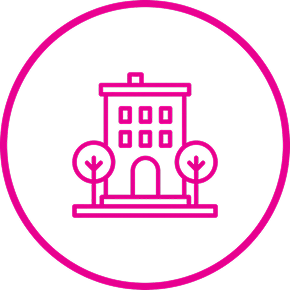 Pink outline icon of a building with multiple windows and two small trees.