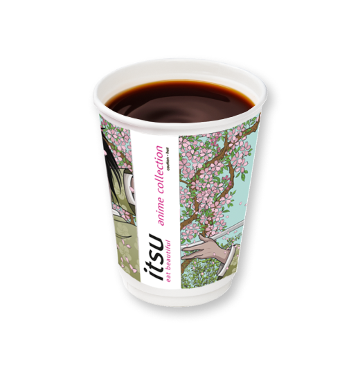 White paper cup with dark coffee, decorated with cherry blossoms and 'itsu anime collection' text.