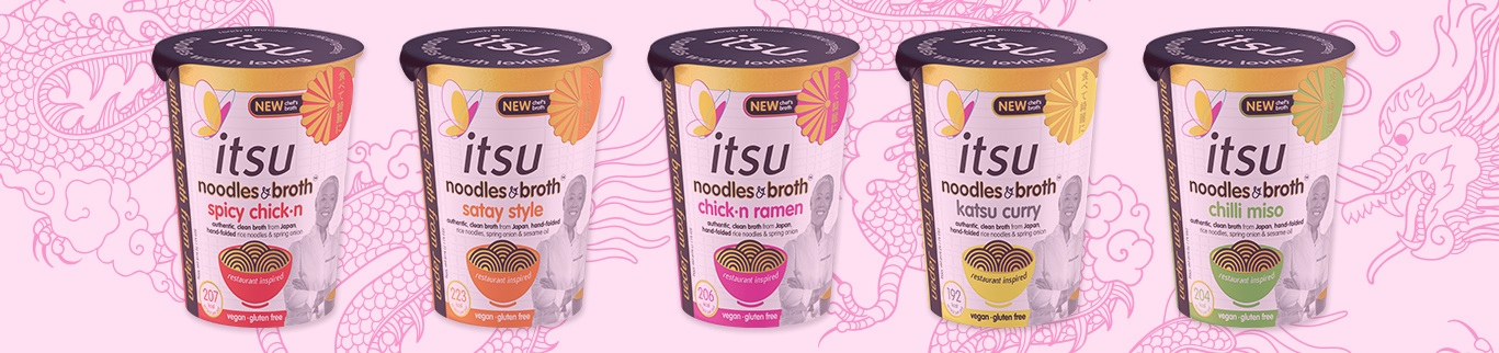 Five ItsU instant noodle cups in various flavors displayed against a pink patterned background.