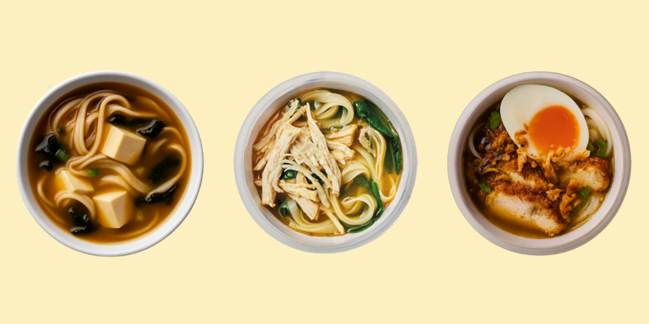 Three varied Asian noodle soups featuring tofu, chicken, and a soft-boiled egg.