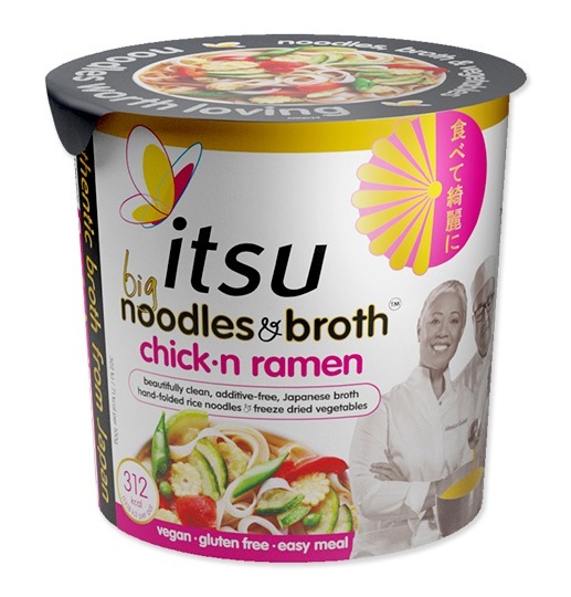 Itsu big noodles & broth chick-n ramen cup, featuring vegan and gluten-free ingredients.
