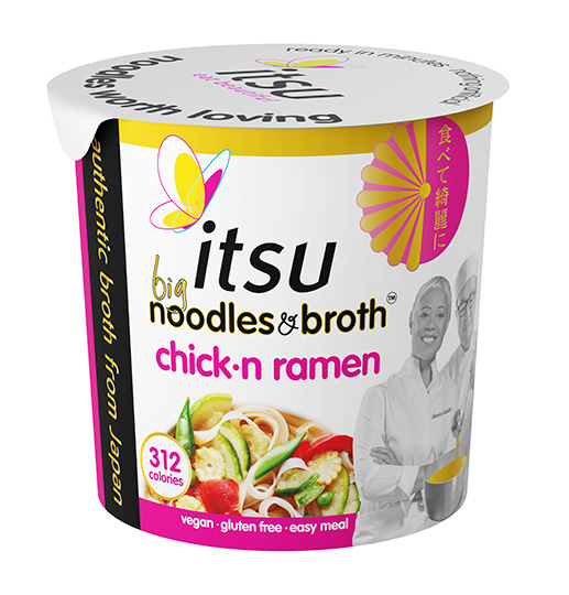 Itsu Big Noodles & Broth Chick-n Ramen instant noodles cup, vegan and gluten-free.