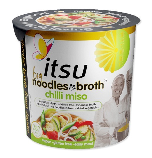 Itsu Noodles & Broth Chilli Miso instant noodle cup with a butterfly logo and lime graphic.