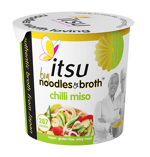 Itsu Big Noodles & Broth Chilli Miso instant noodle cup, vegan and gluten-free.