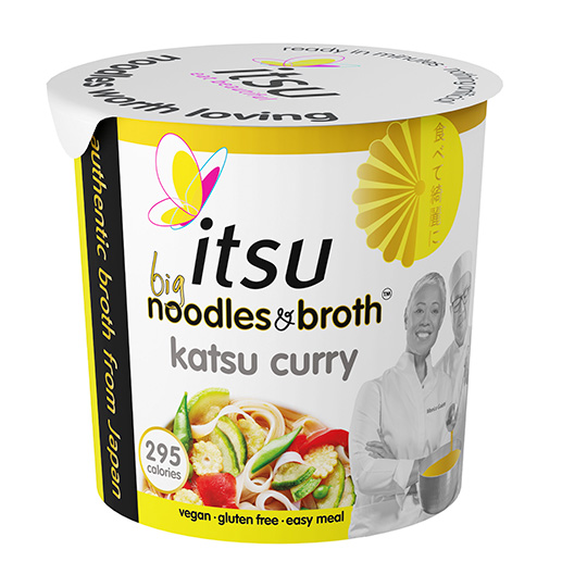 White cup of itsu big noodles and broth katsu curry, with prepared meal shown.