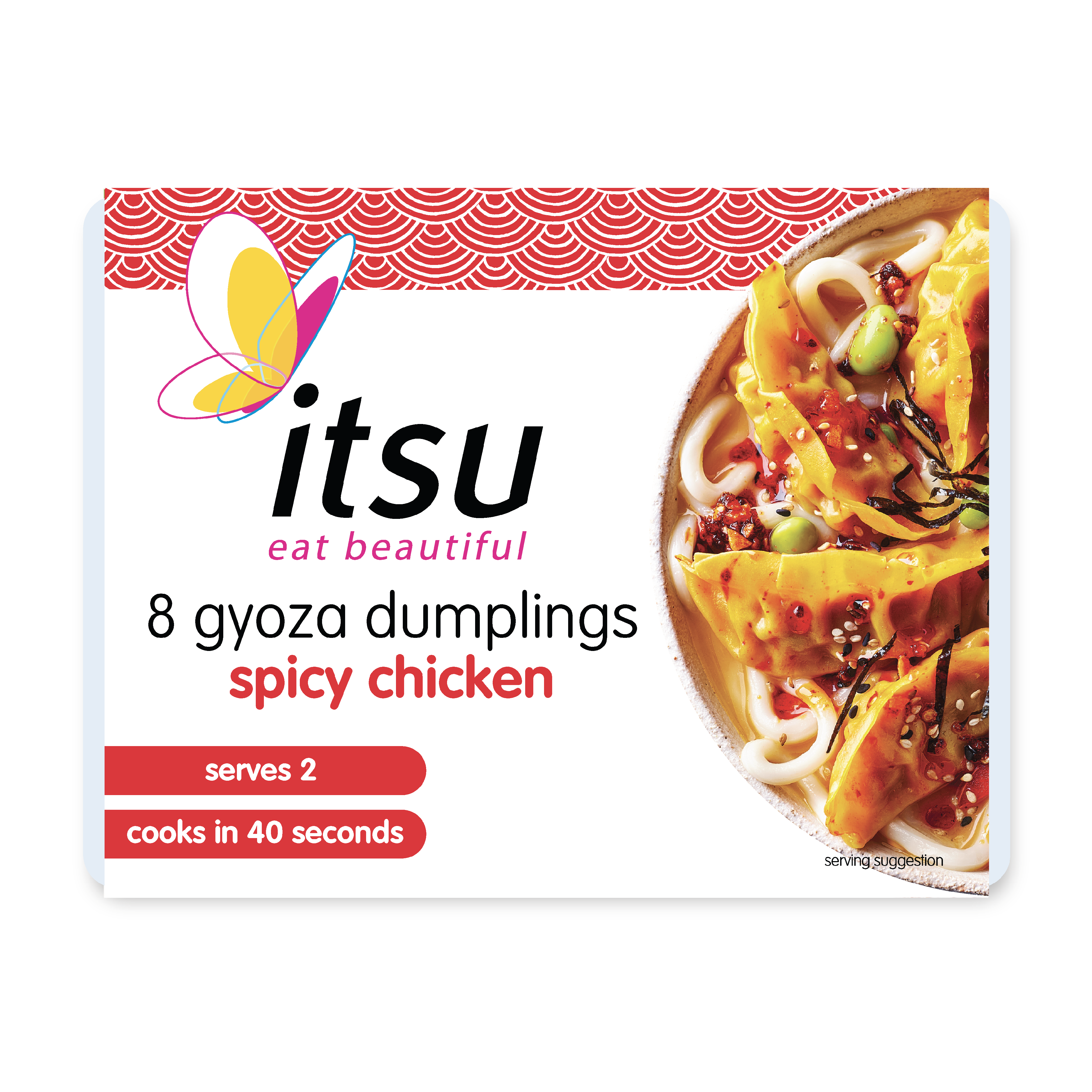 Itsu 8 spicy chicken gyoza dumplings packaging with cooked dumplings in a bowl.