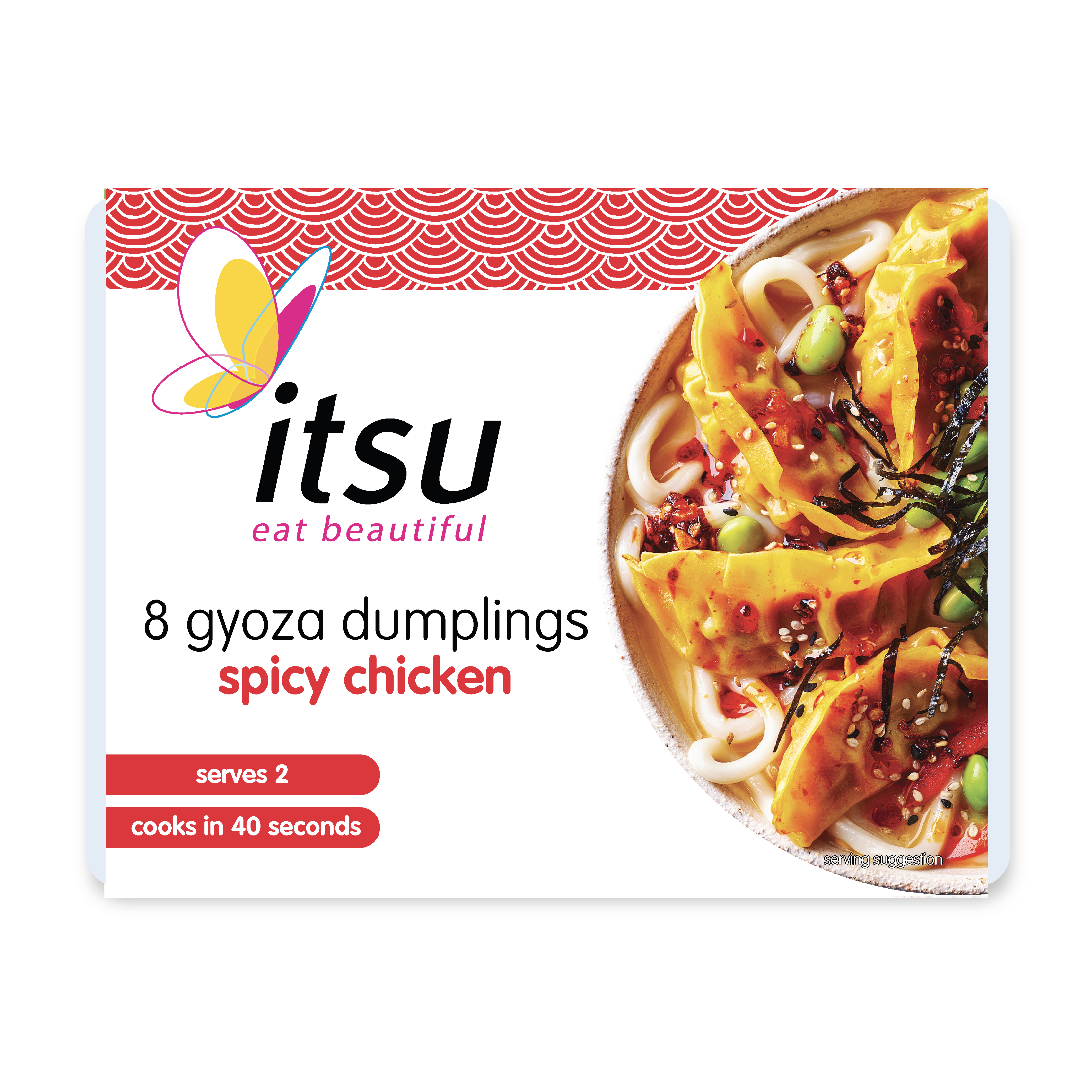 Itsu 8 gyoza dumplings spicy chicken package with prepared dish.
