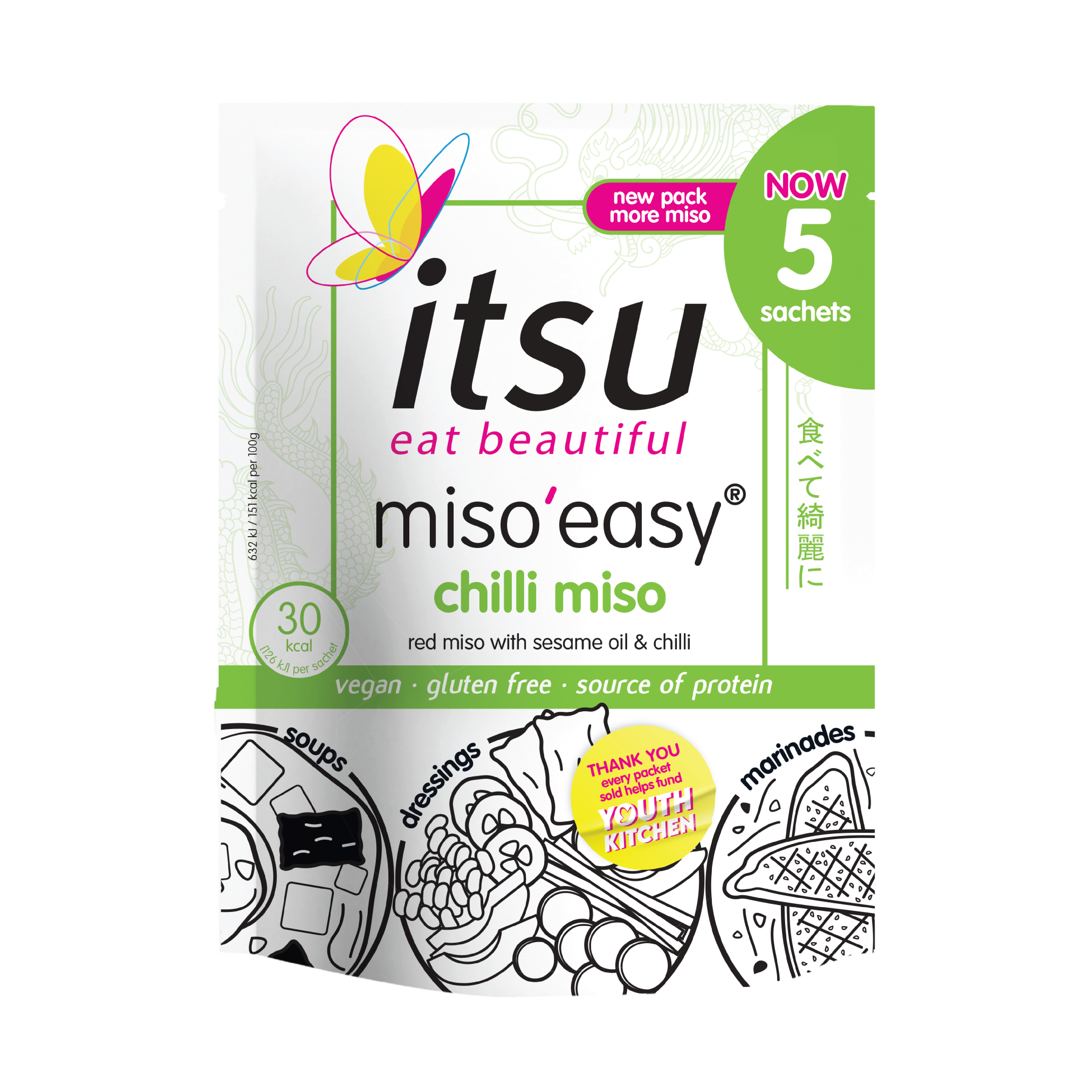 itsu miso'easy chilli miso sachet, offering a vegan, gluten-free source of protein.