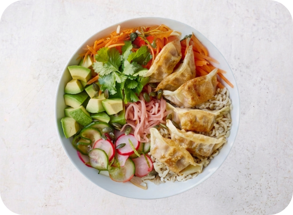 A vibrant bowl featuring pan-fried dumplings, rice, avocado, pickled radish, carrots, and fresh herbs.
