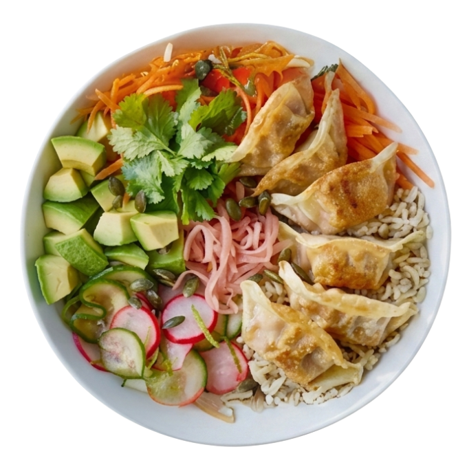A colorful bowl with dumplings, rice, avocado, carrots, radishes, and cucumbers.