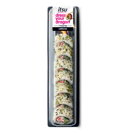 Itsu sushi pack containing several rolls with white rice, green topping, and pink filling.
