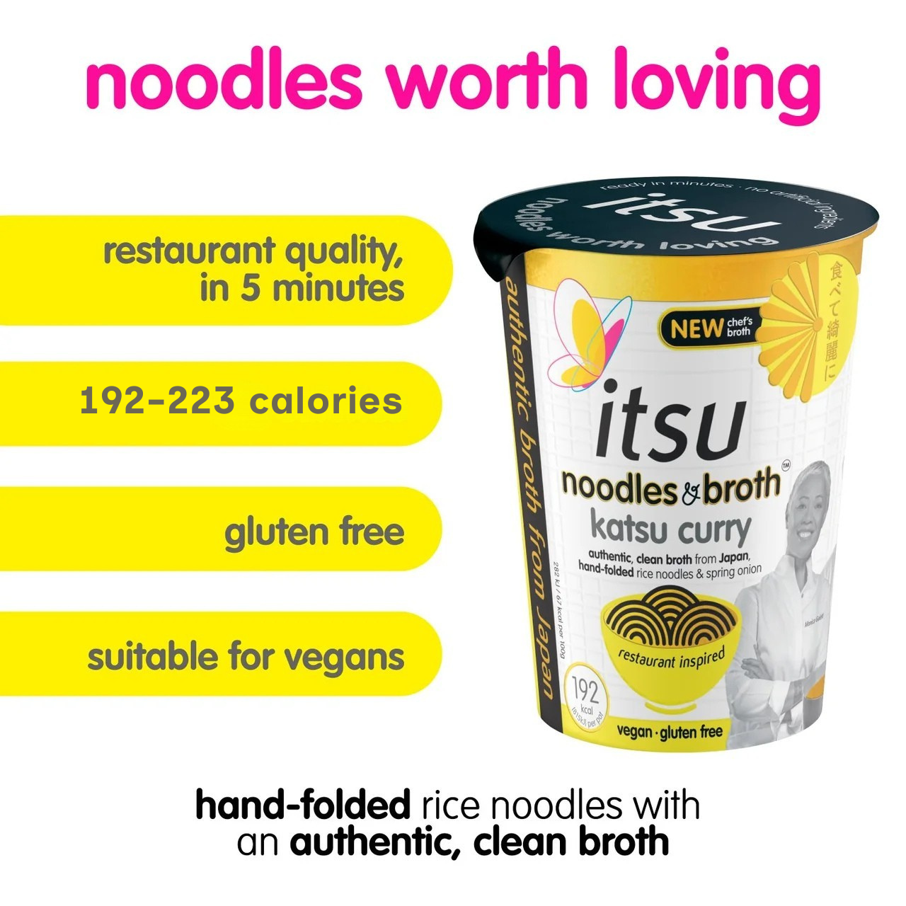 Itsu Katsu Curry Noodles & Broth cup with text highlighting its gluten-free, vegan, and quick preparation.