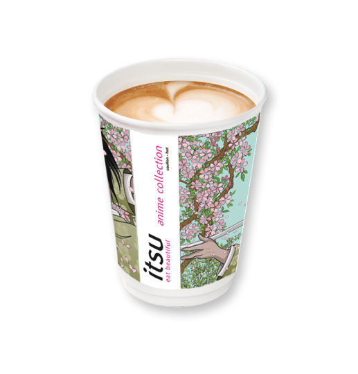 Latte in a disposable cup, featuring an anime character and cherry blossom design.