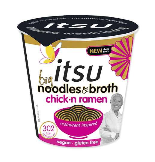 Itsu big noodles and broth chick-n ramen cup, vegan and gluten-free.