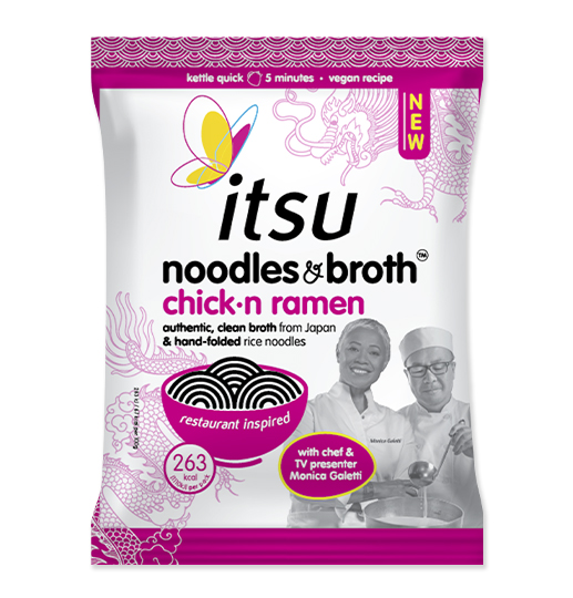Itsu Chick-n Ramen noodles & broth packet, white and pink with butterfly logo and product details.