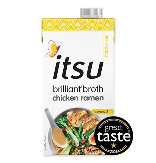 White carton of Itsu brilliant'broth chicken ramen, featuring a great taste award logo.