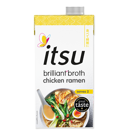 Itsu brilliant broth chicken ramen carton featuring a bowl of prepared ramen.
