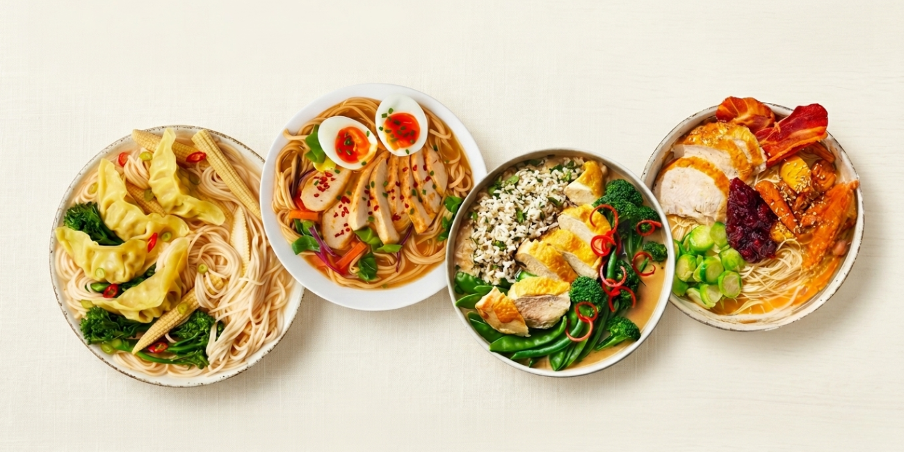 Four diverse bowls of Asian-inspired noodle and rice dishes with chicken, vegetables, and eggs.