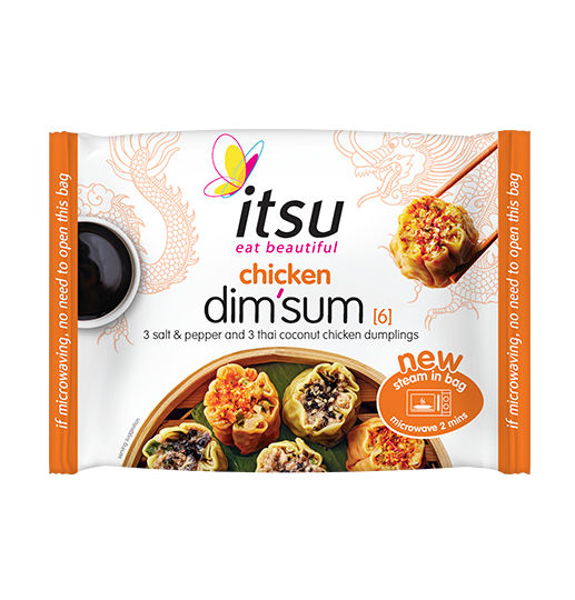 Itsu chicken dim sum package displaying various dumplings in a steamer with sauce and chopsticks.