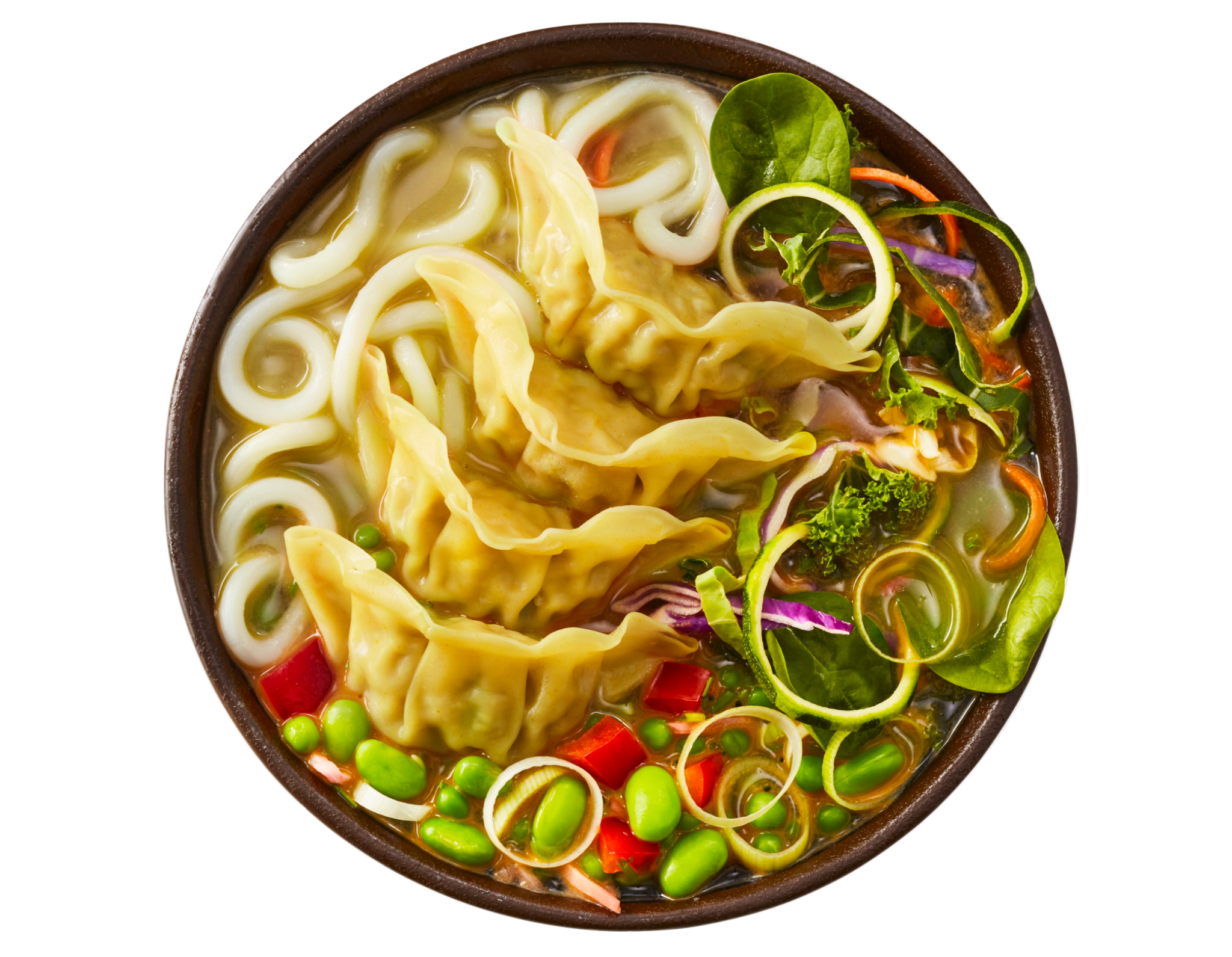 A vibrant bowl of noodle soup with dumplings, udon, spinach, carrots, and edamame.