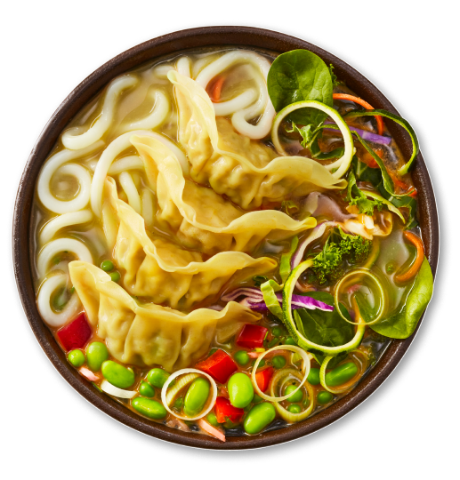Overhead view of a delicious noodle bowl with dumplings, fresh vegetables, and clear broth.