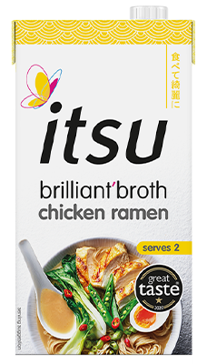 Itsu brilliant broth chicken ramen carton featuring a bowl of ramen with chicken and egg.