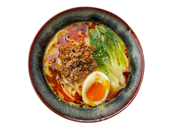 Spicy ramen bowl with soft-boiled egg, seasoned ground pork, and fresh bok choy.