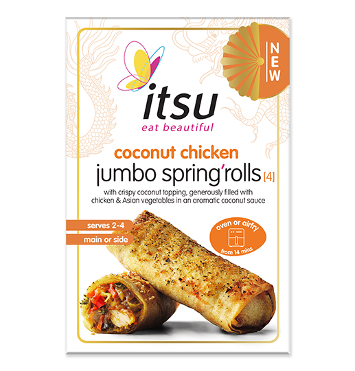 Itsu coconut chicken jumbo spring rolls package showing two cooked spring rolls.