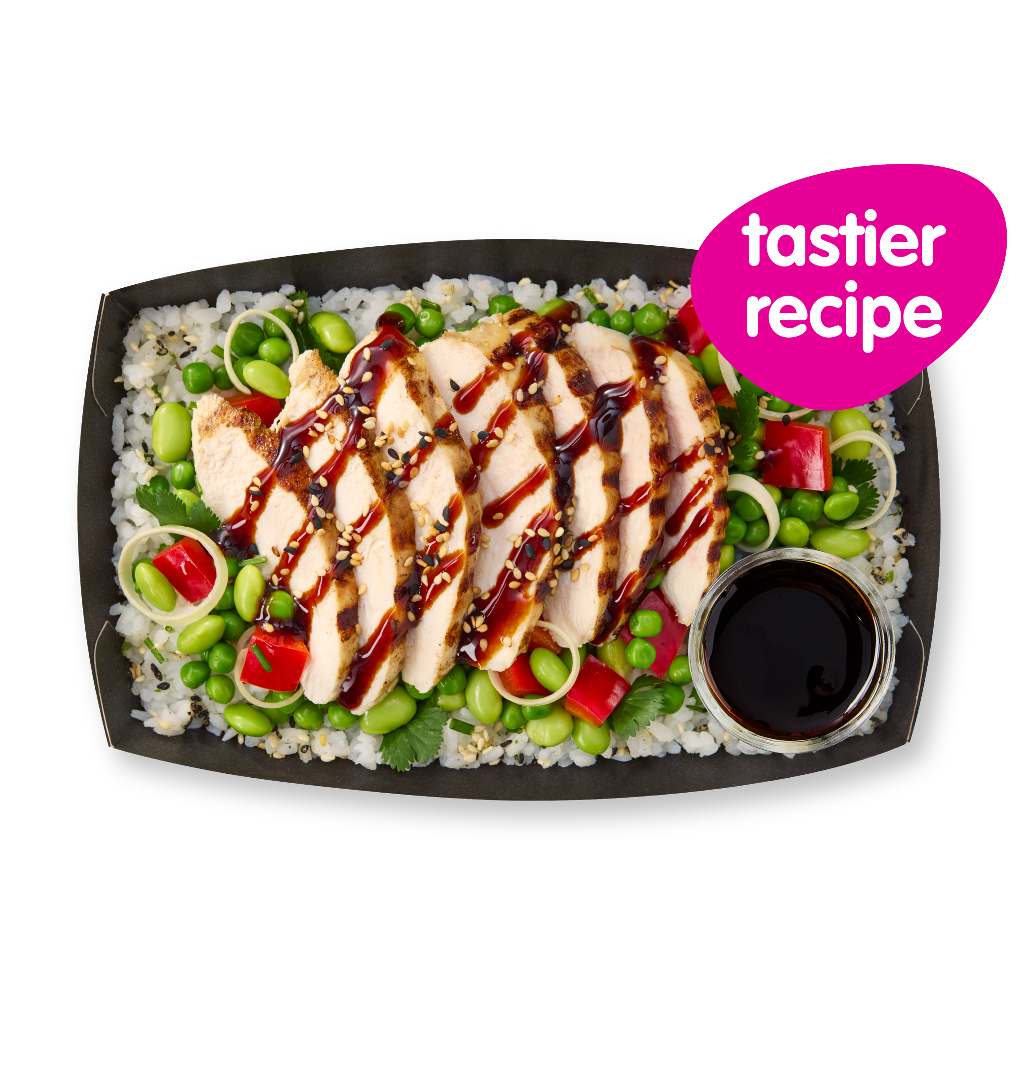 Grilled teriyaki chicken with rice, edamame, and red peppers in a black tray.