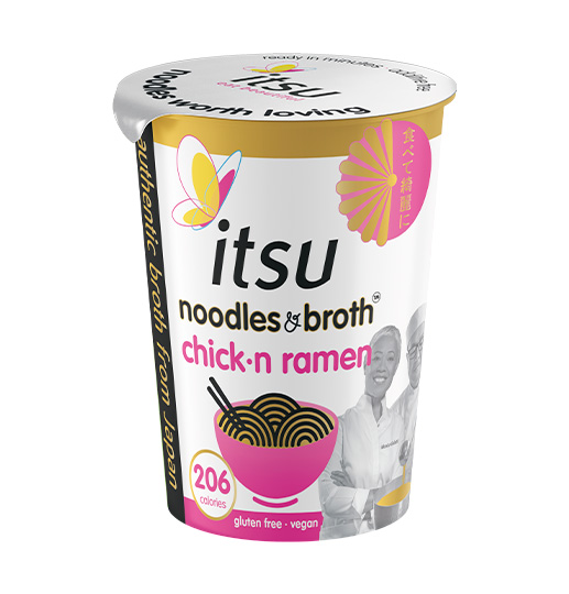 White and gold Itsu chick-n ramen noodles and broth cup, gluten-free and vegan.