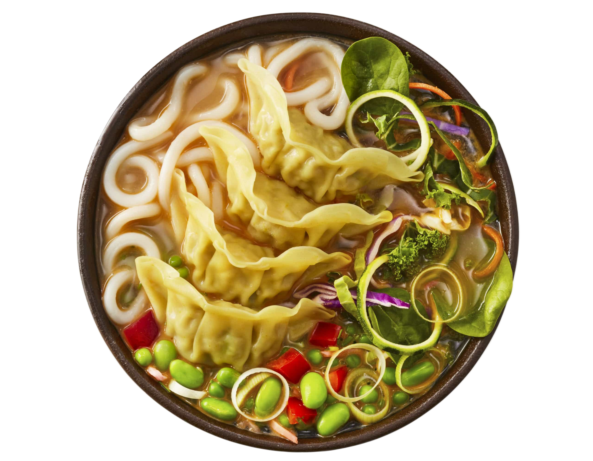 A vibrant bowl of udon soup with golden dumplings, vegetables, and edamame.