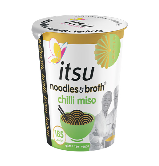 Itsu Noodles & Broth, chilli miso flavor, in a white and gold cup.