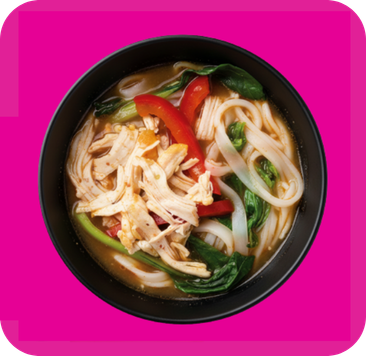 Bowl of chicken noodle soup with bok choy, red peppers, and rice noodles.