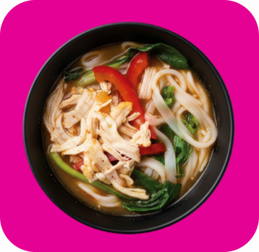 Bowl of chicken noodle soup with bok choy, red peppers, and rice noodles.