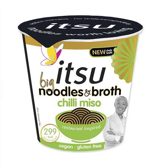 Itsu Big Noodles & Broth Chilli Miso cup, vegan and gluten-free.