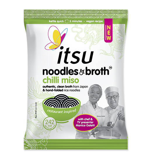 Itsu Noodles & Broth Chilli Miso packaging in white and green, featuring a butterfly logo.