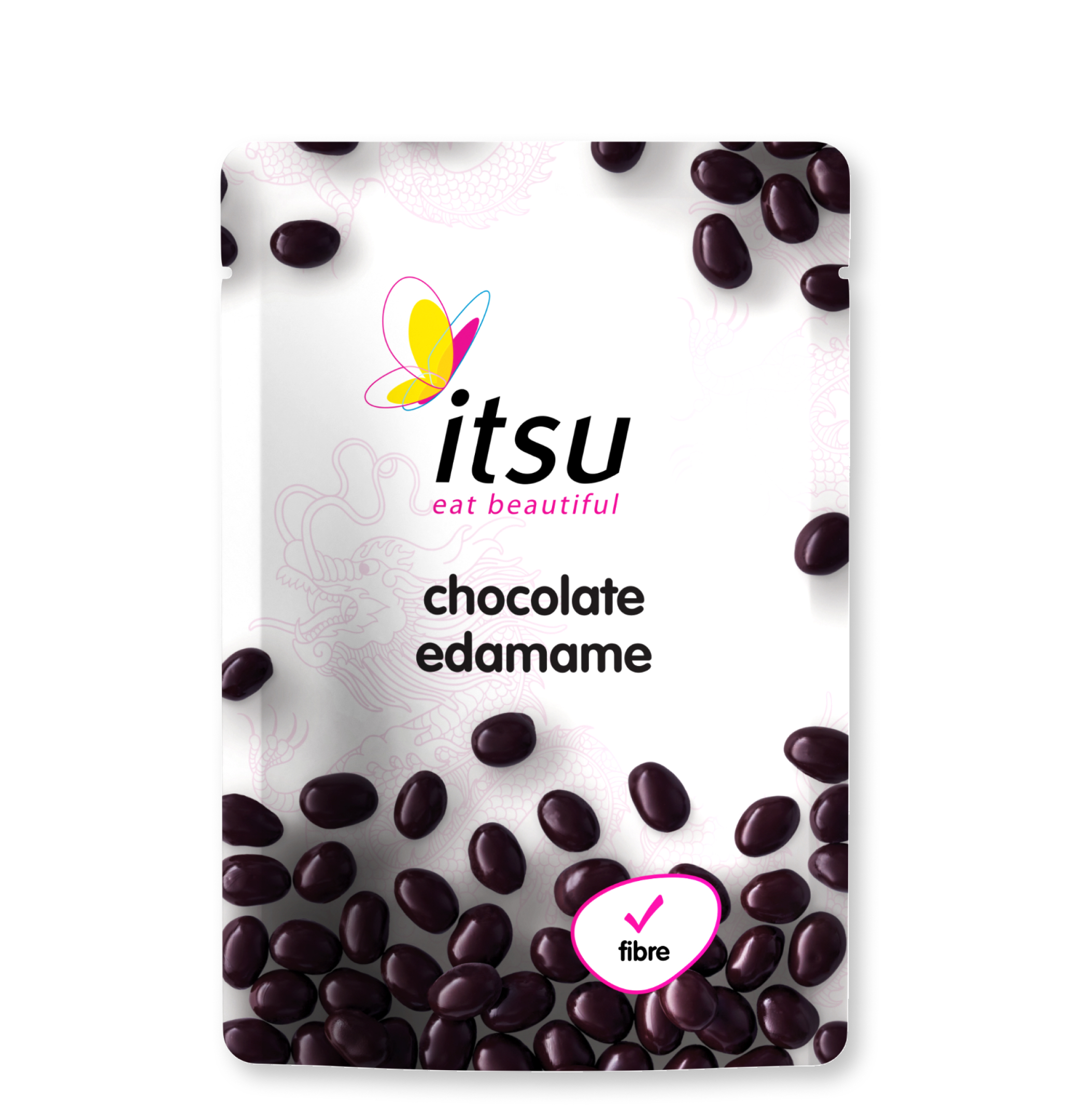 itsu chocolate edamame snack pouch with scattered dark chocolate beans.