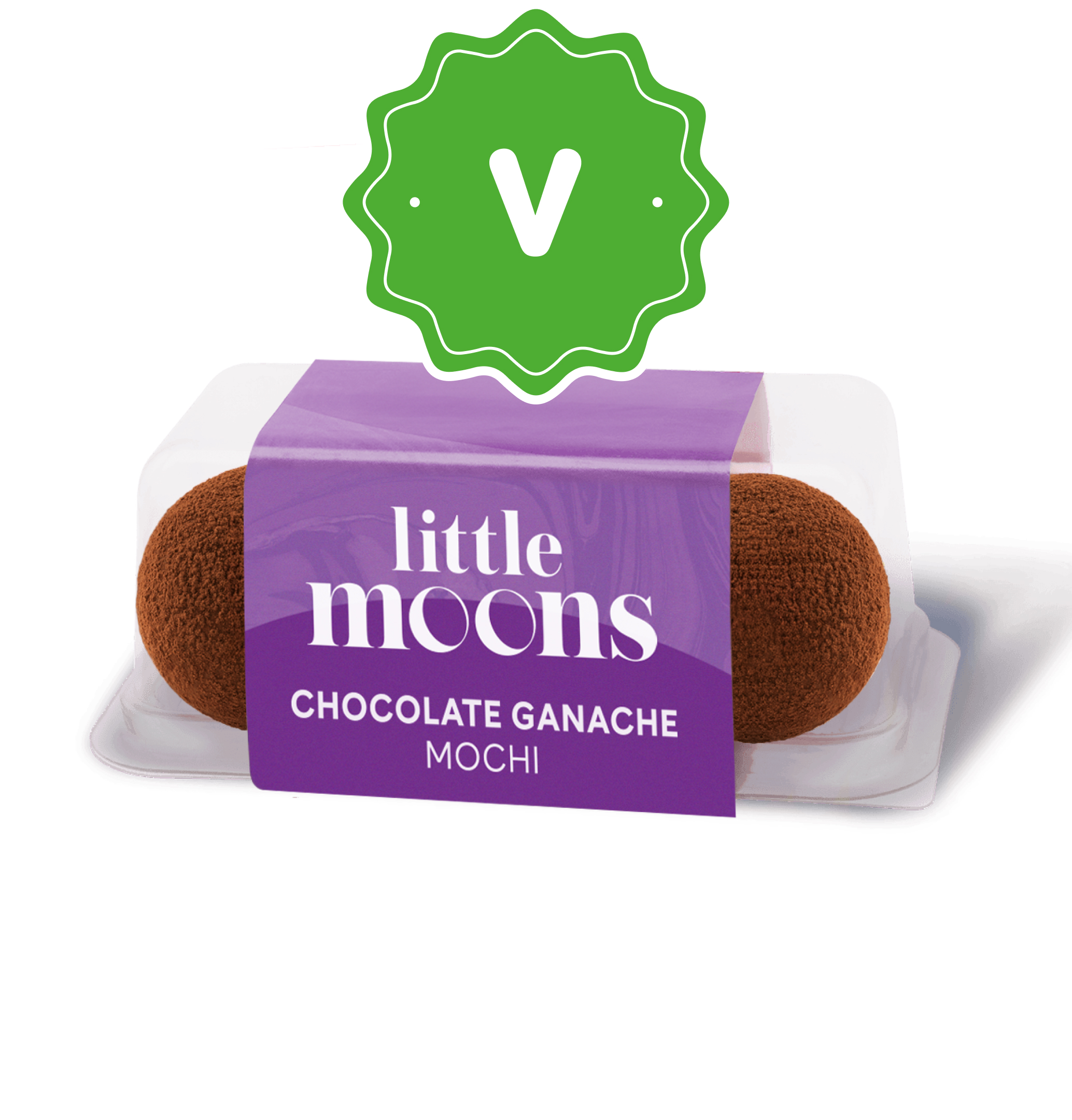 Little Moons chocolate ganache mochi in clear packaging with a purple label and vegan logo.