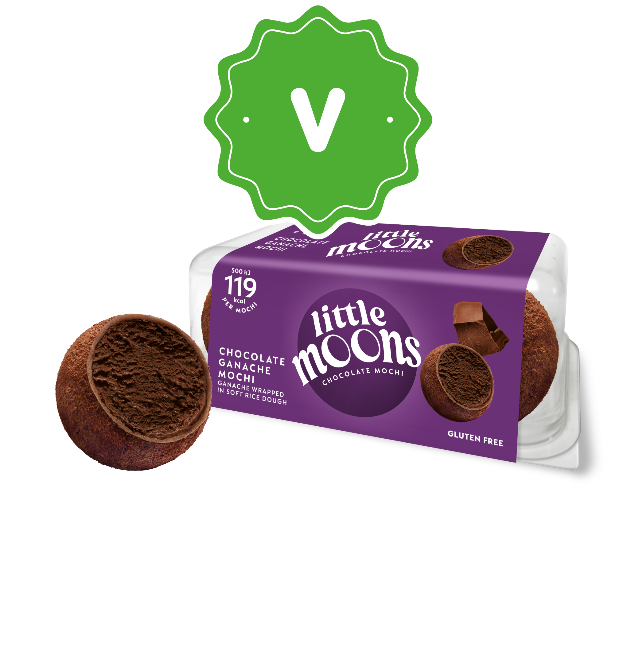 Vegan chocolate mochi cookies in purple packaging with one cookie beside it.