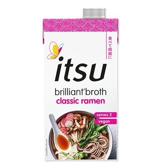 Itsu Brilliant Broth Classic Ramen carton showing a delicious bowl of vegan ramen.