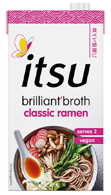 itsu brilliant'broth classic ramen carton featuring a savory bowl of vegan ramen.