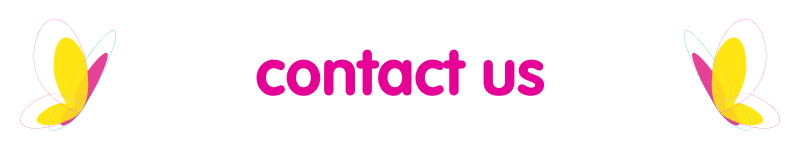 Pink 'contact us' text flanked by two stylized yellow and pink butterfly graphics.