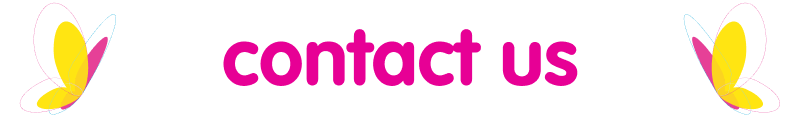 Pink 'contact us' text flanked by two yellow and pink butterflies.