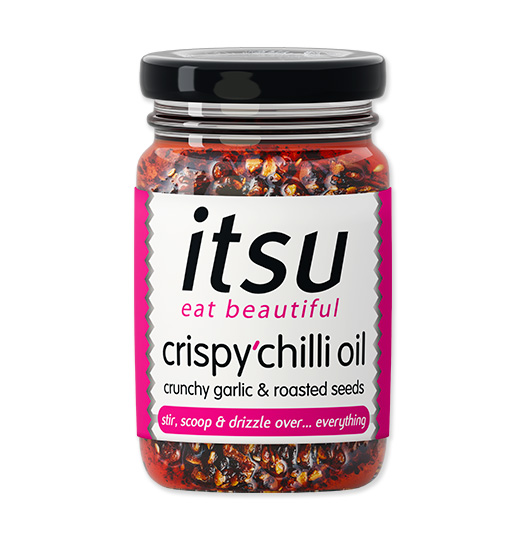 A jar of Itsu Crispy Chilli Oil with crunchy garlic and roasted seeds.