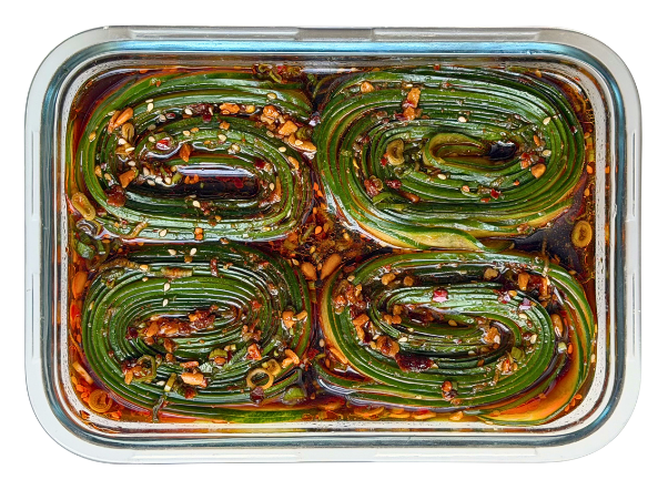 cucumber ribbon salad with itsu crispy'chilli oil