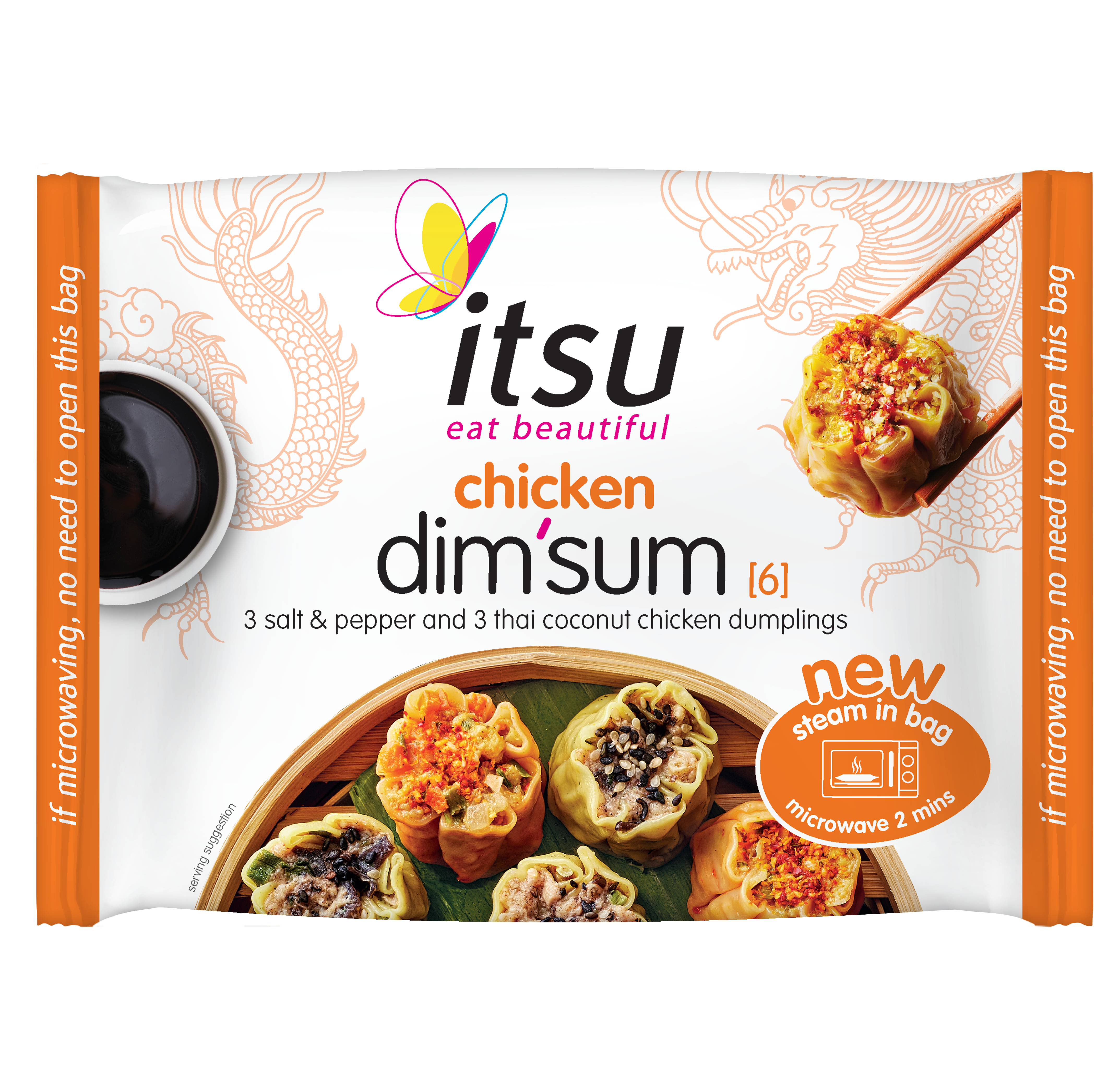 itsu chicken dim sum package with six dumplings, dipping sauce, and chopsticks.
