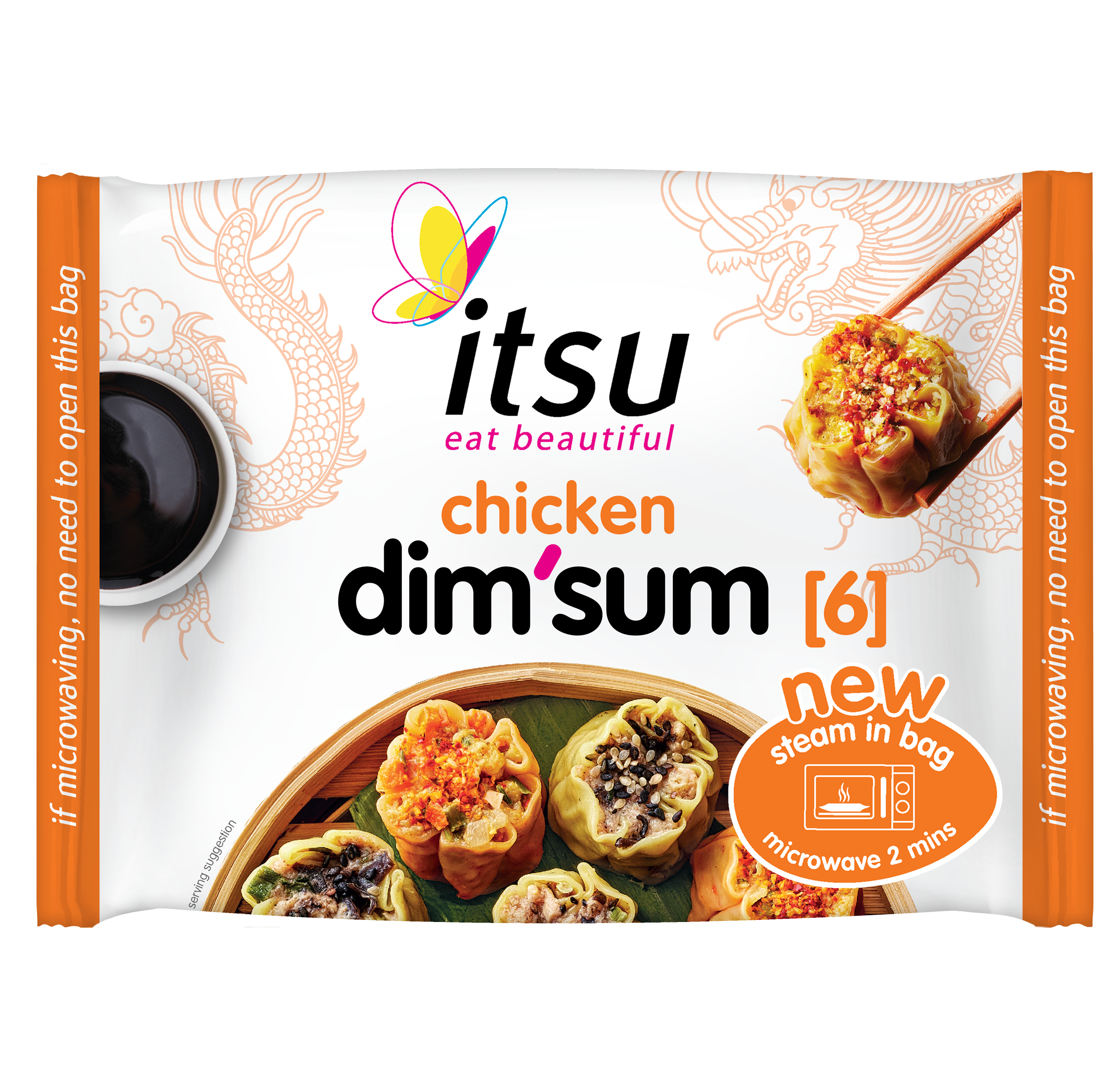 itsu chicken dim'sum [6] package showing dumplings, soy sauce, and 'NEW Steam in 3 mins'.