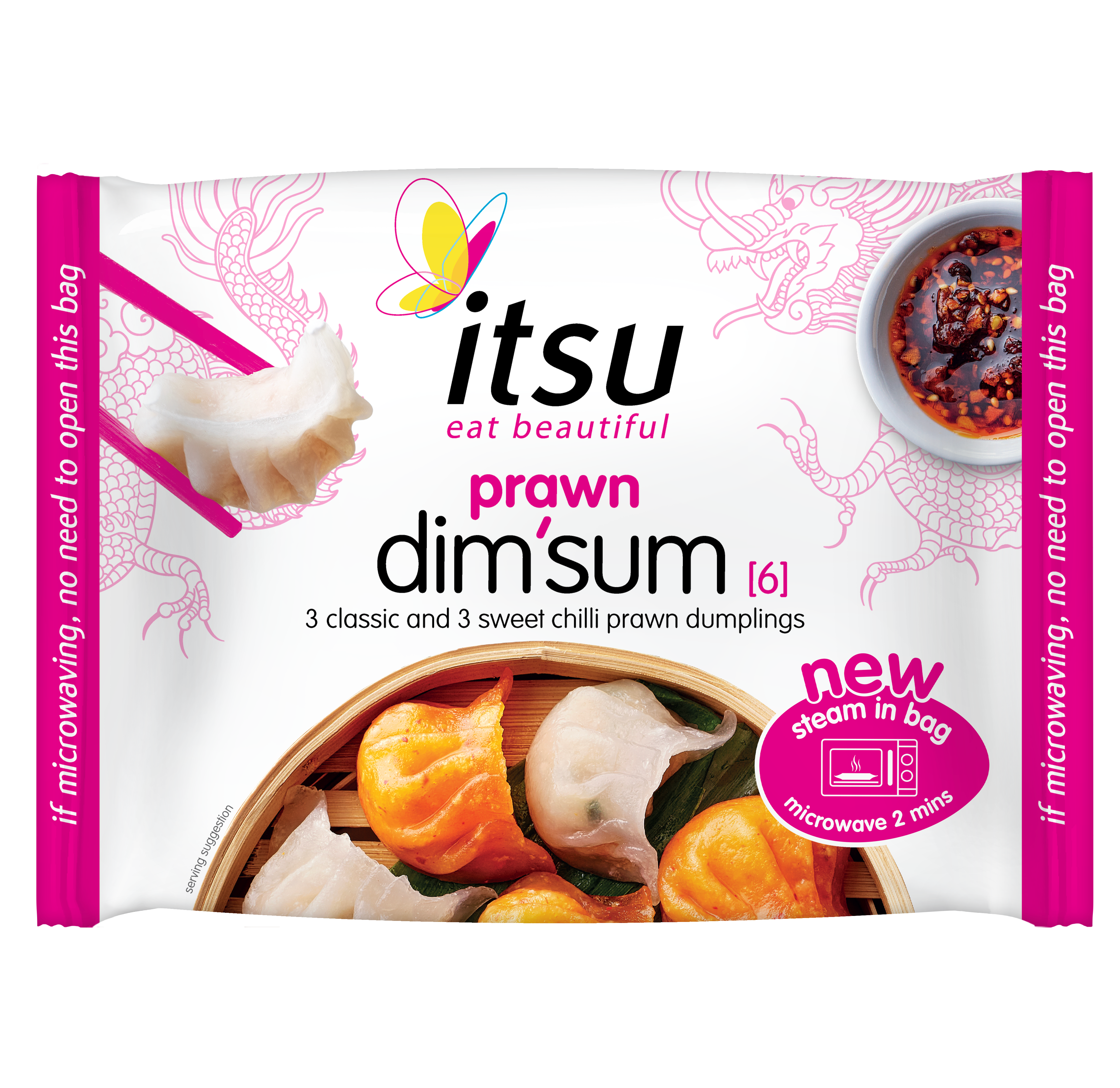 Itsu prawn dim sum package showing dumplings, chili sauce, and chopsticks.