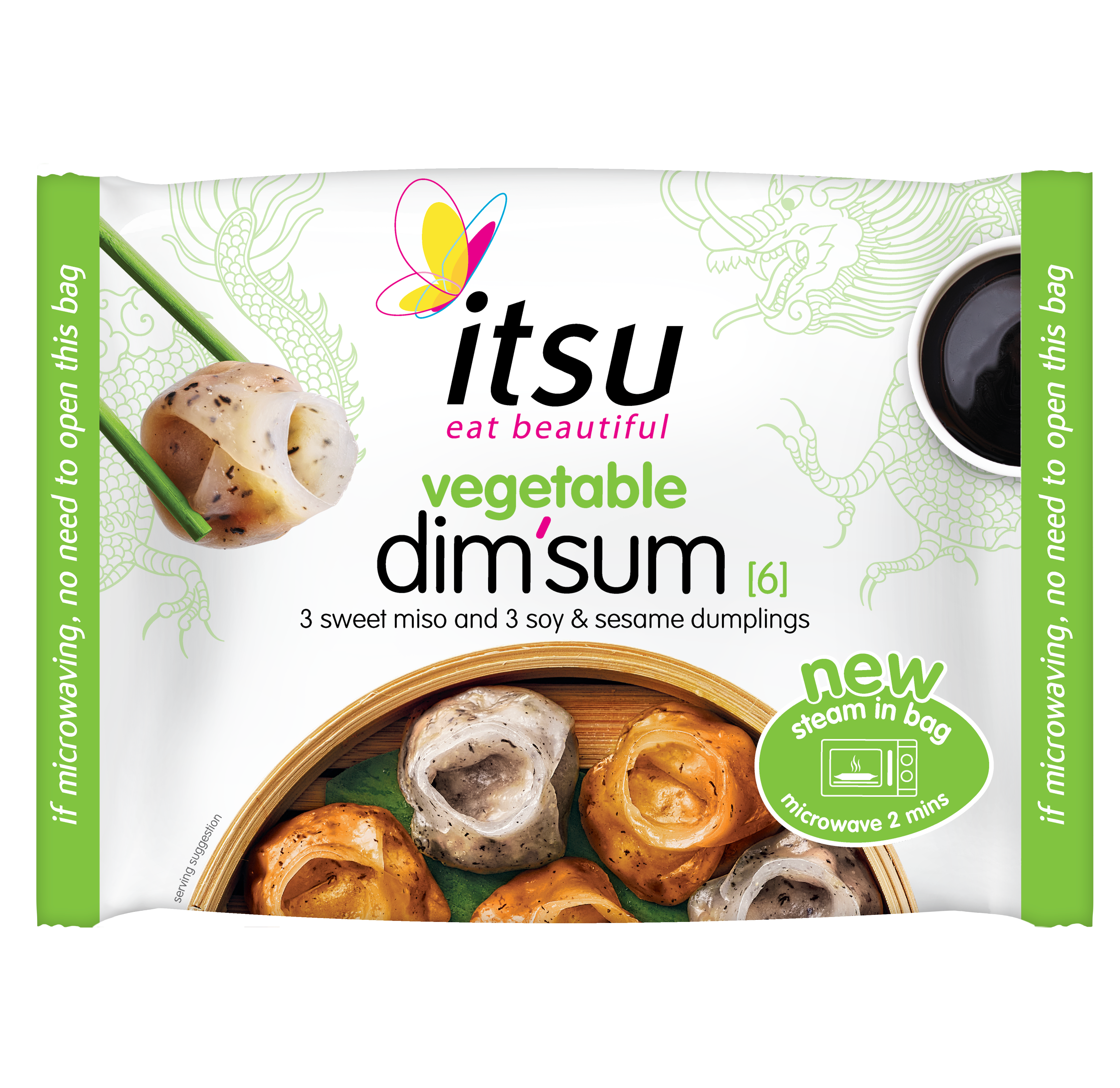 itsu vegetable dim sum package showing dumplings, chopsticks, and soy sauce.