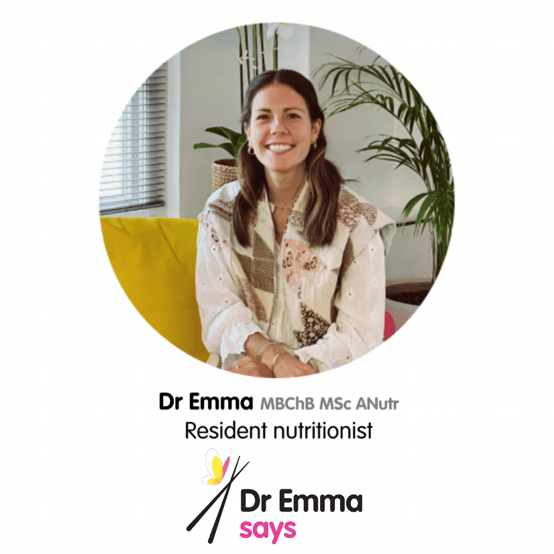 A smiling woman, Dr. Emma, resident nutritionist, in a white shirt, with her logo.